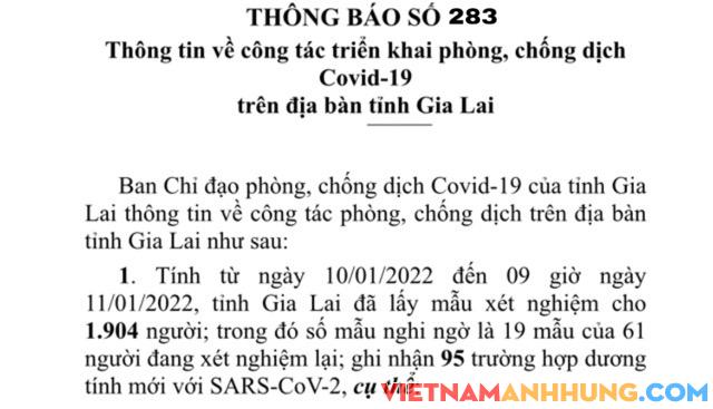 Thông báo 283: Sáng 11/01/2022 Gia Lai ghi nhận 95 trường hợp dương tính với Sars-CoV-2