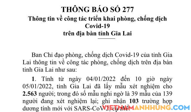 Thông báo 277: Sáng 05/01/2022 Gia Lai ghi nhận thêm 103 trường hợp dương tính với Sars-CoV-2 và thông tin về ca tử vong thứ 21 do Covid-19