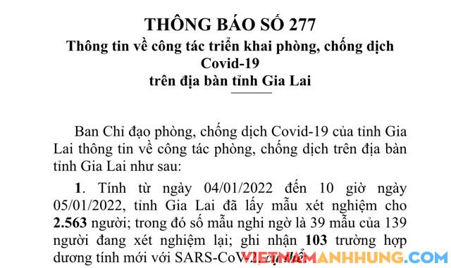 Thông báo 277: Sáng 05/01/2022 Gia Lai ghi nhận thêm 103 trường hợp dương tính với Sars-CoV-2 và thông tin về ca tử vong thứ 21 do Covid-19