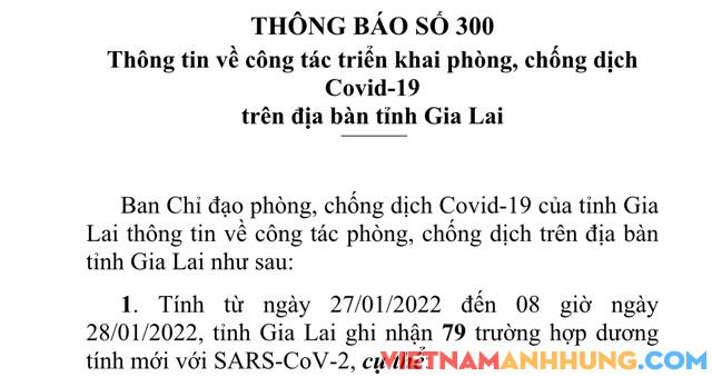 Thông báo 300: Sáng 27/01/2022, Gia Lai ghi nhận 79 trường hợp dương tính với Sars-CoV-2
