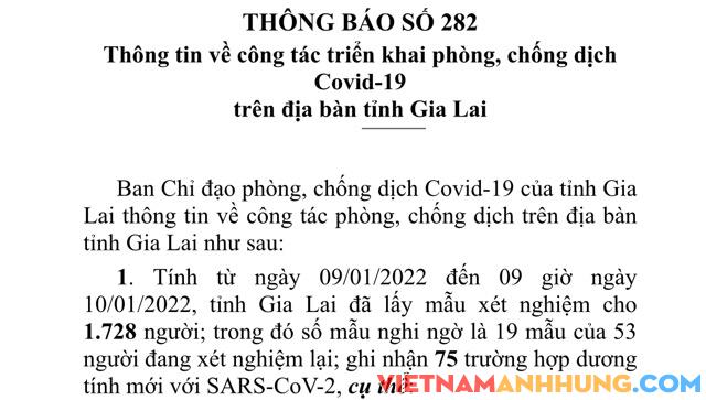 Thông báo 282: Sáng 10/01/2022, Gia Lai ghi nhận thêm 75 trường hợp dương tính với Sars-CoV-2, thông tin về ca tử vong thứ 23 do Covid-19
