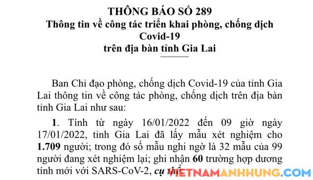 Thông báo 289: Sáng 17/01/2022, Gia Lai ghi nhận 60 trường hợp dương tính với Sars-CoV-2