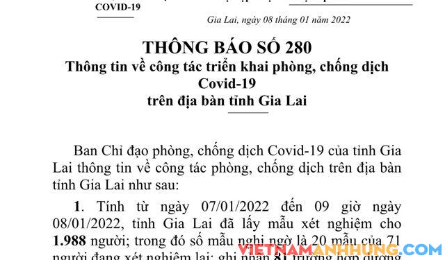Thông báo 280: Sáng 08/01/2022, Gia Lai ghi nhận thêm 81 trường hợp dương tính với Sars-CoV-2