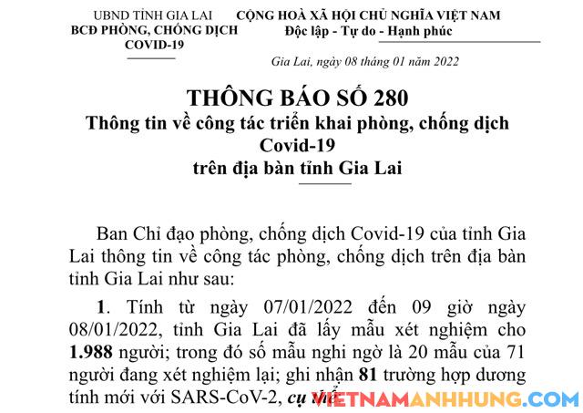 Thông báo 280: Sáng 08/01/2022, Gia Lai ghi nhận thêm 81 trường hợp dương tính với Sars-CoV-2