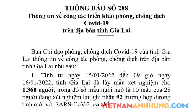 Thông báo 288: Sáng 16/01/2022 Gia Lai ghi nhận 92 trường hợp dương tính với Sars-CoV-2