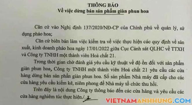 Tạm dừng sản xuất và bán ra thị trường 02 sản phẩm pháo hoa là giàn phun hoa và giàn phun viên vì có tiếng nổ