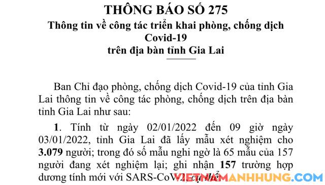 Thông báo 275: Đến trưa 03/01/2022, Gia Lai ghi nhận thêm 157 trường hợp dương tính mới với Sars-CoV-2 và ghi nhận ca tử vong thứ 19 vì Covid-19