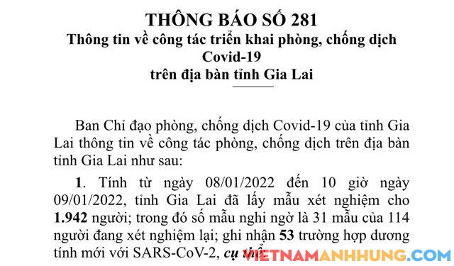 Thông báo 281: Sáng 09/01/2022, Gia Lai ghi nhận thêm 53 trường hợp dương tính với Sars-CoV-2