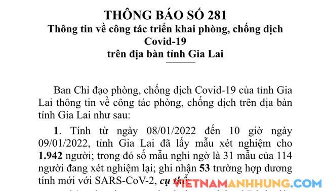 Thông báo 281: Sáng 09/01/2022, Gia Lai ghi nhận thêm 53 trường hợp dương tính với Sars-CoV-2