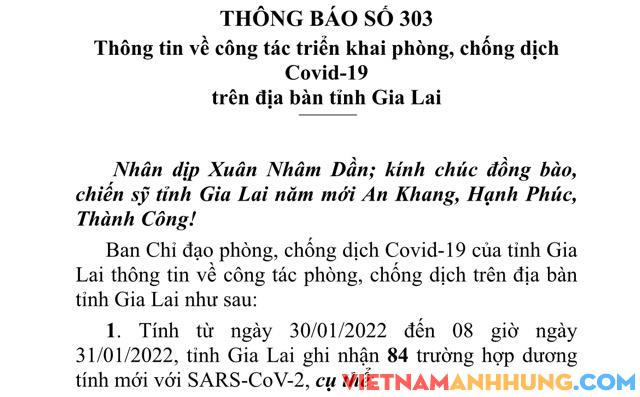 Thông báo 303: Sáng 31/01/2022, Gia Lai ghi nhận 84 trường hợp dương tính với Sars-CoV-2