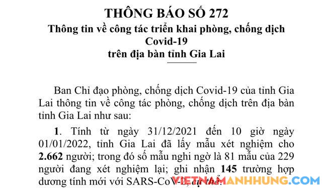 Thông báo 272: Đến trưa ngày 01/01/2022 Gia Lai ghi nhận thêm 145 trường hợp dương tính mới với Sars-CoV-2