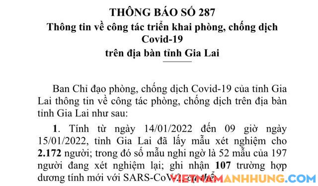 Thông báo 287: Sáng 15/01/2022 Gia Lai ghi nhận 107 trường hợp dương tính với Sars-CoV-2