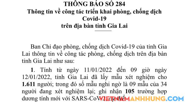 Thông báo 284: Sáng 12/01/2022 Gia Lai ghi nhận 105 trường hợp dương tính với Sars-CoV-2