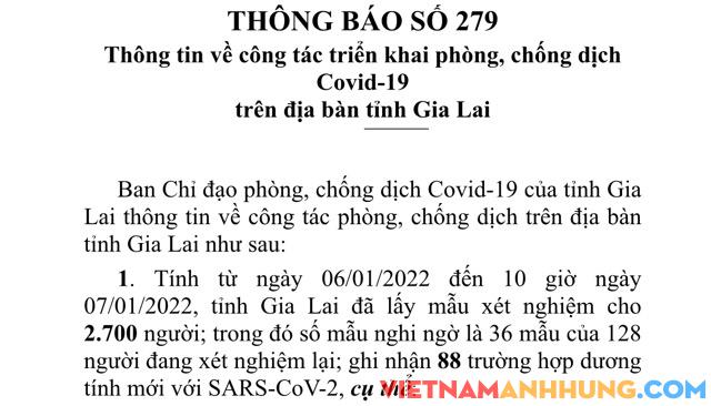 Thông báo 279: Sáng 07/01/2022, Gia Lai ghi nhận 88 trường hợp dương tính với Sars-CoV-2 và thông tin về ca tử vong thứ 22 vì Covid-19