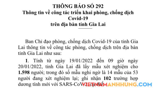 Thông báo 292: Sáng 20/01/2022, Gia Lai ghi nhận thêm 102 trường hợp dương tính với Sars-CoV-2