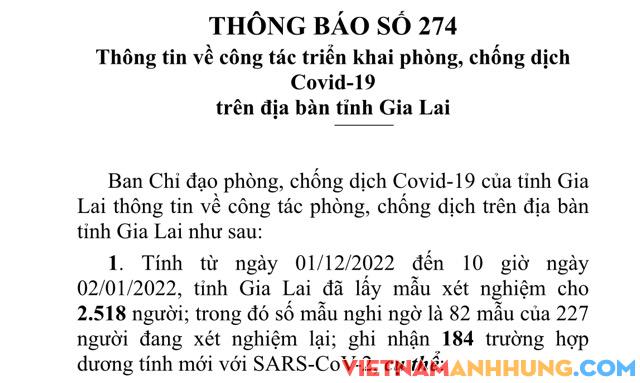 Thông báo 274: Đến trưa 02/01/2022, Gia Lai ghi nhận thêm 184 trường hợp dương tính mới với Sars-CoV-2