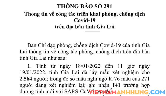 Thông báo 291: Ngày 19/01/2022, Gia Lai ghi nhận thêm 141 trường hợp dương tính với Sars-CoV-2 và quy định đối với người từ các tỉnh về Gia Lai nghỉ Tết