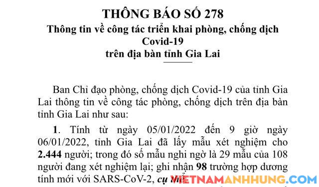 Thông báo 278: Sáng 06/01/2022, Gia Lai ghi nhận thêm 98 trường hợp dương tính với Sars-CoV-2