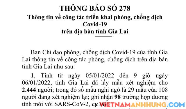 Thông báo 278: Sáng 06/01/2022, Gia Lai ghi nhận thêm 98 trường hợp dương tính với Sars-CoV-2