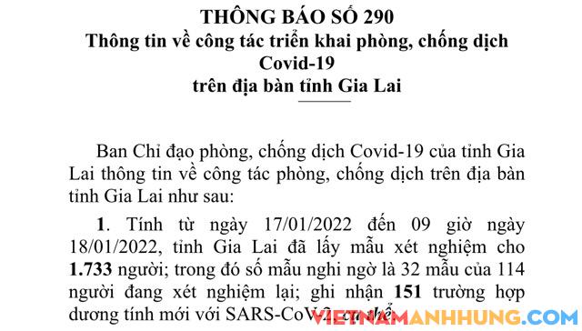 Thông báo 290: Sáng 18/01/2022, Gia Lai ghi nhận 151 trường hợp dương tính với Sars-CoV-2