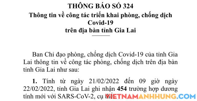 Thông báo 324: Ngày 22/02/2022, Gia Lai ghi nhận 454 trường hợp dương tính với Sars-CoV-2 và thông tin trường hợp tử vong vì Covid-19 thứ 45