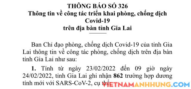 Thông báo 326: Đến trưa 24/02/2022, Gia Lai ghi nhận 862 trường hợp dương tính với Sars-CoV-2