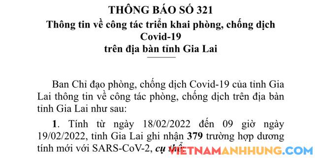 Thông báo 321: Sáng 19/02/2022, Gia Lai ghi nhận 379 trường hợp Sars-CoV-2