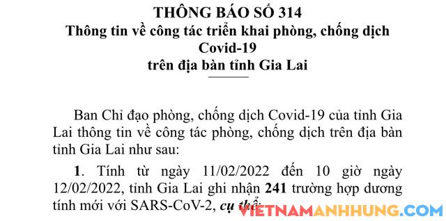 Thông báo 314: Sáng 12/02/2022, Gia Lai ghi nhận 241 trường hợp dương tính với Sars-CoV-2 và thông tin về ca tử vong thứ 38 vì Covid-19