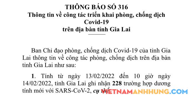 Thông báo 316: Sáng 14/02/2022, Gia Lai ghi nhận 228 trường hợp dương tính với Sars-CoV-2