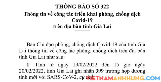 Thông báo 322: Ngày 19/02/2022, Gia Lai ghi nhận 399 trường hợp dương tính với Sars-CoV-2
