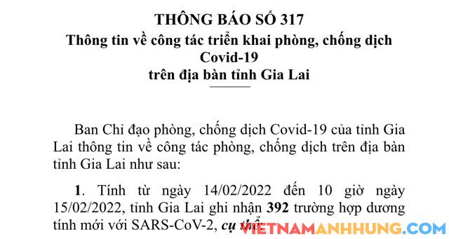 Thông báo 317: Sáng 15/02/2022, Gia Lai ghi nhận 392 trường hợp dương tính với Sars-CoV-2