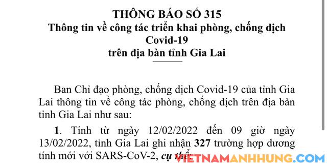 Thông báo 315: Sáng 13/02/2022, Gia Lai ghi nhận 327 trường hợp dương tính với Sars-CoV-2