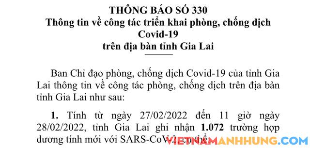Ngày 28/02/2022, Gia Lai ghi nhận 1.072 trường hợp dương tính mới với Sars-CoV-2
