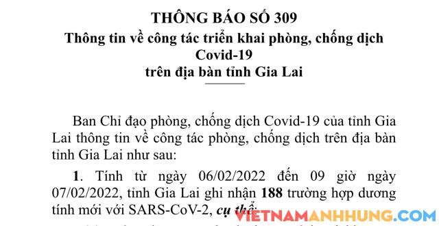 Thông báo 309: Sáng 07/02/2022, Gia Lai ghi nhận thêm 188 trường hợp dương tính với Sars-CoV-2