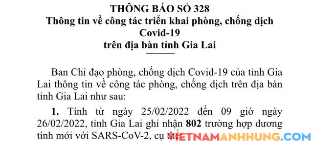 Thông báo 328: Sáng 26/02/2022, Gia Lai ghi nhận thêm 802 trường hợp dương tính với Sars-CoV-2