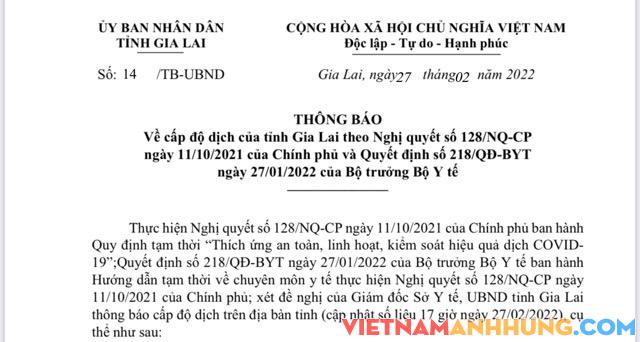 Thông báo cấp độ dịch của tỉnh Gia Lai ngày 27/02/2022