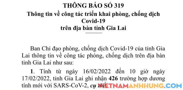 Thông báo 319: Sáng 17/02/2022, Gia Lai ghi nhận 426 trường hợp dương tính với Sars-CoV-2