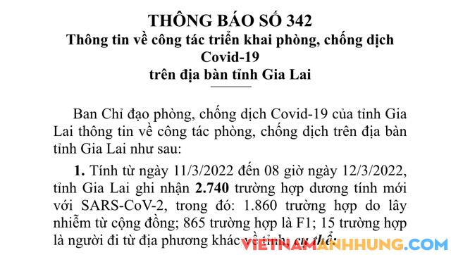 Sáng 12/3/2022, Gia Lai ghi nhận 2.740 trường hợp dương tính với Sars-CoV-2