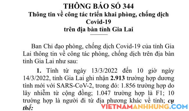 Trưa ngày 14/3/2022, Gia Lai ghi nhận 2.913 trường hợp dương tính với Sars-CoV-2