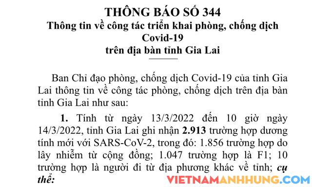 Trưa ngày 14/3/2022, Gia Lai ghi nhận 2.913 trường hợp dương tính với Sars-CoV-2