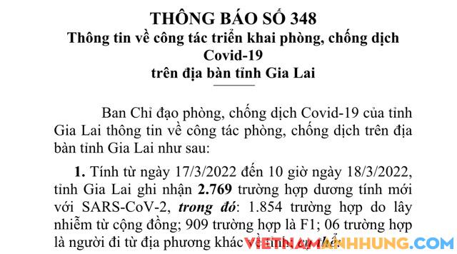Sáng 18/3/2022, Gia Lai ghi nhận 2.769 trường hợp dương tính với Sars-CoV-2