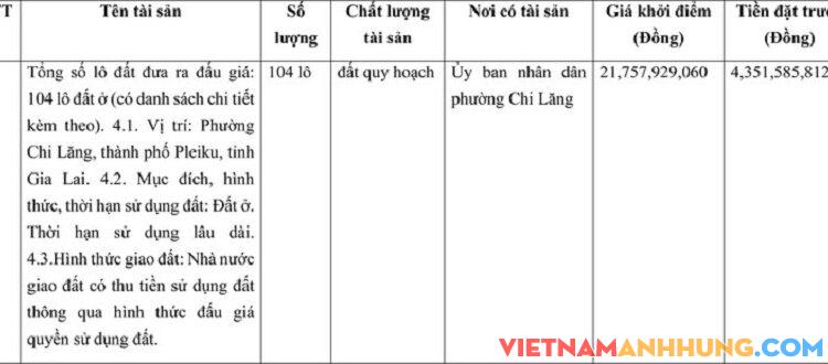 Đấu giá 104 lô đất ở tại phường Chi Lăng, thành phố Pleiku, tỉnh Gia Lai