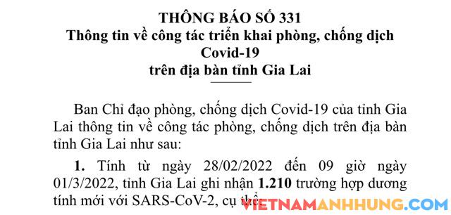 Sáng 01/03/2022, Gia Lai ghi nhận 1.210 trường hợp dương tính với Sars-CoV-2