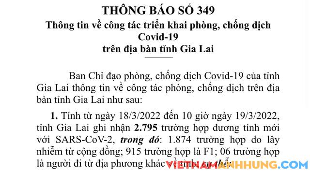 Sáng 19/3/2022, Gia Lai ghi nhận 2.795 trường hợp dương tính với Sars-CoV-2