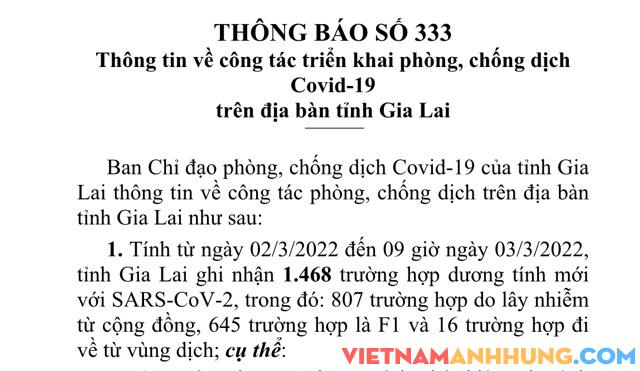 Sáng 03/03/2022, Gia Lai ghi nhận 1.468 trường hợp dương tính với Sars-CoV-2