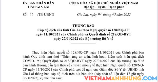 Thông báo về cấp độ dịch của tỉnh Gia Lai ngày 0/3/2022