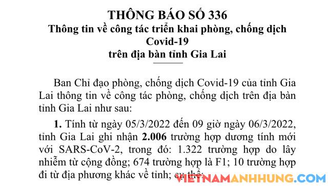 Sáng 06/3/2022, Gia Lai ghi nhận 2.006 trường hợp dương tính với Sars-CoV-2