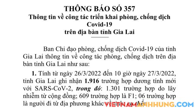Trưa ngày 27/3/2022, Gia Lai ghi nhận 1.916 ca dương tính với Sars-CoV-2 và thêm ca tử vong thứ 94 vì Covid-19