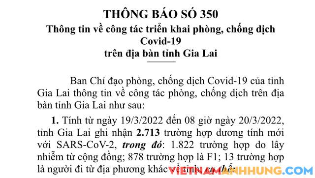 Sáng 20/3/2022, Gia Lai ghi nhận 2.713 trường hợp dương tính với Sars-CoV-2