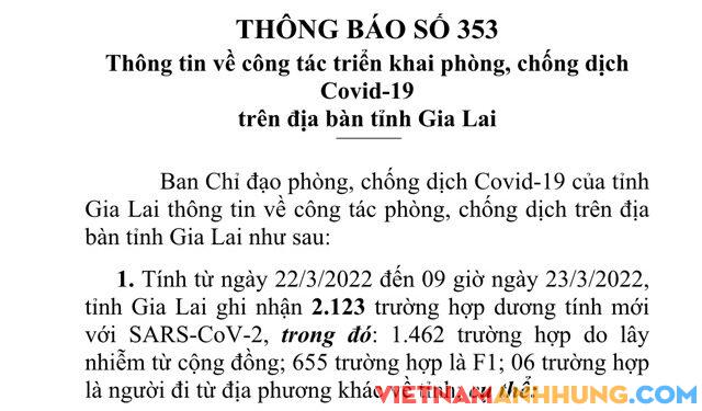 Sáng 23/3/2022, Gia Lai có thêm 2.123 trường hợp dương tính với Sars-CoV-2 và 02 trường hợp tử vong vì Covid-19